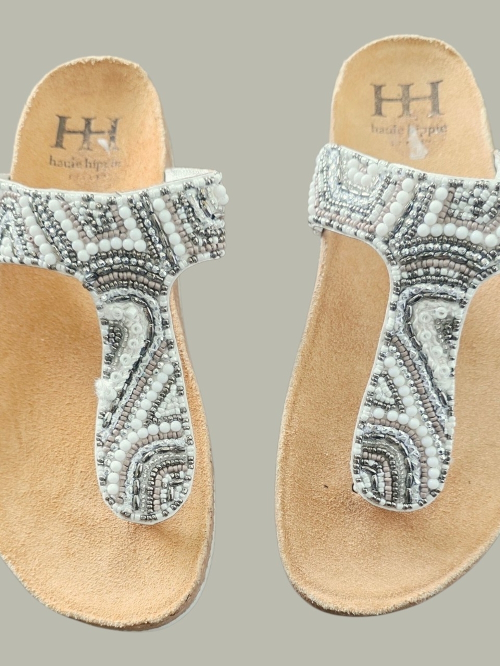Haute Hippie White and Silver Beaded T-Strap Sandals